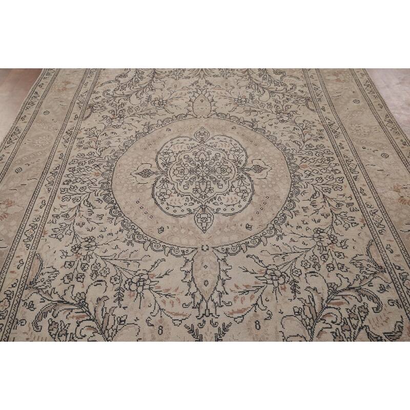Distressed Tabriz Vintage Persian Rug Hand-Knotted Beige Wool Carpet - 6'6" x 9'11"