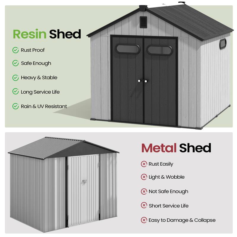8X8 FT All-Weather Waterproof Outdoor Resin Storage Shed Windows Lockable Door with Floor for Patio Furniture and Tools