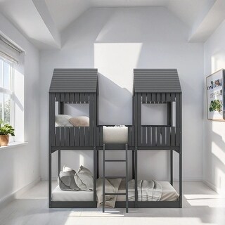Full Over Full Kids Bed Wood Bunk Bed with Roof Window Guardrail Ladder ...