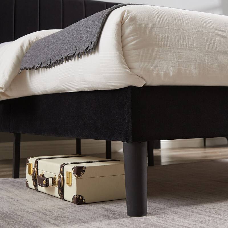 VECELO Velvet Upholstered Bed Frame with Vertical Channel Tufted Headboard, Adjustable Headboard, Wooden Slats Support