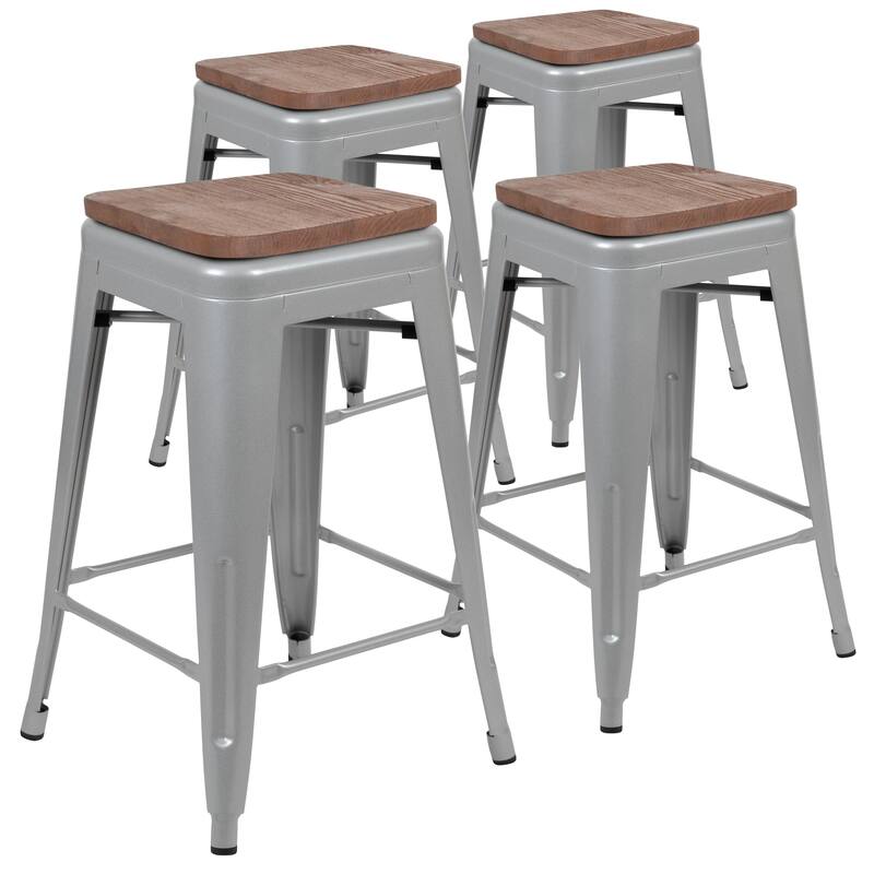 4 Pack 24" High Metal Indoor Counter Bar Stool with Wood Seat - Stackable Stool