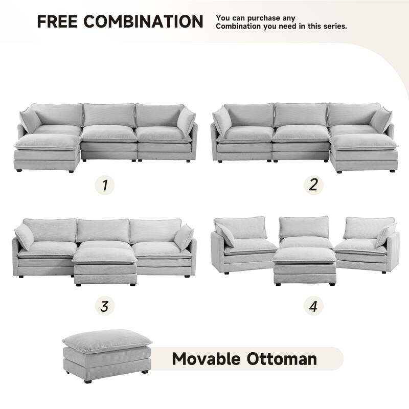 3-Seat Corduroy Modular Sofa with an Independent Removable Ottoman for Living Room or Business