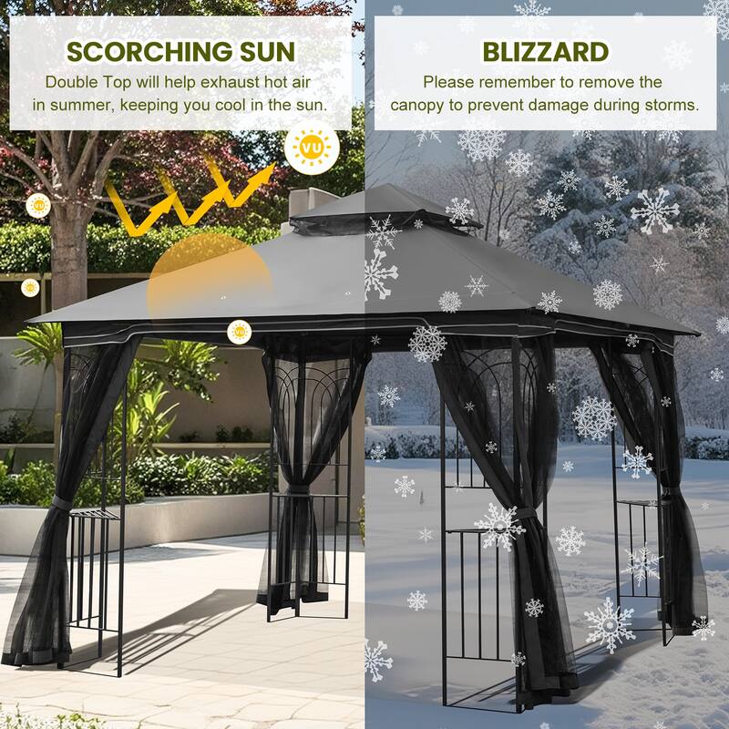 9'X9' Outdoor Steel Gazebo, Double Roof Patio Canopy with Netting, Curtains & Hanging Hooks for Backyard Deck Garden