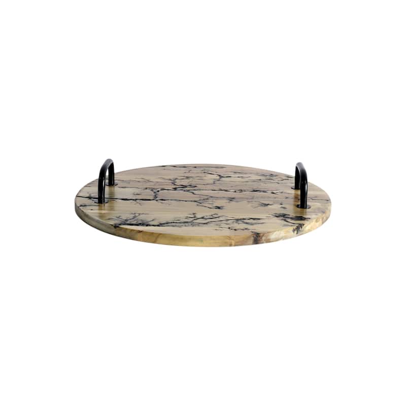 HomeRoots 16" Brown And Black Solid Wood Abstract Round Serving Tray With Handles - 16.00 in. x 3.00 in. x 16.00 in.
