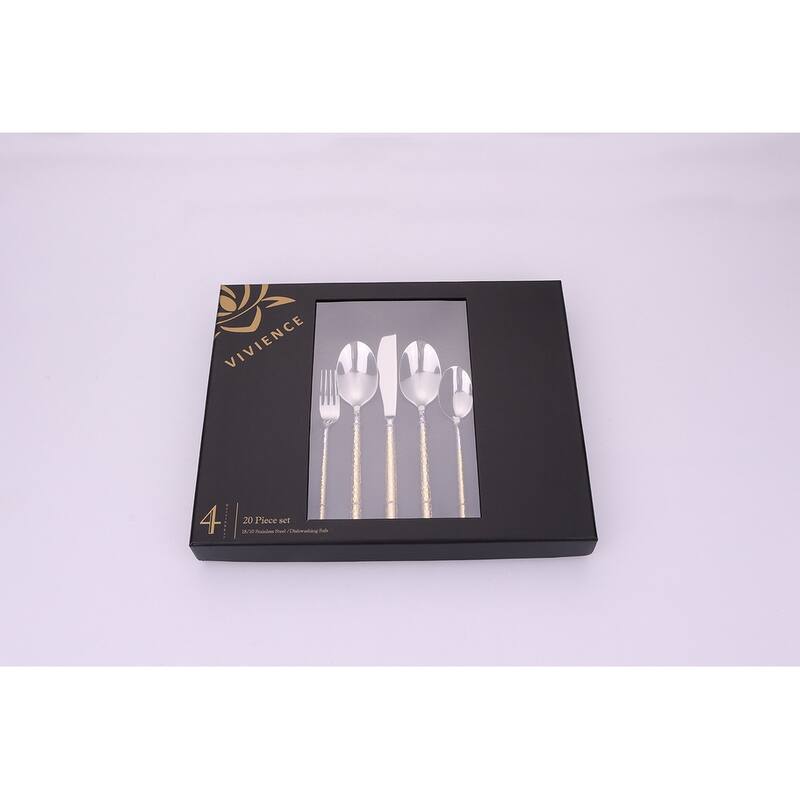 20 Pc Flatware Set Silver With Graduated Gold Pebbled Handles - Service For 4