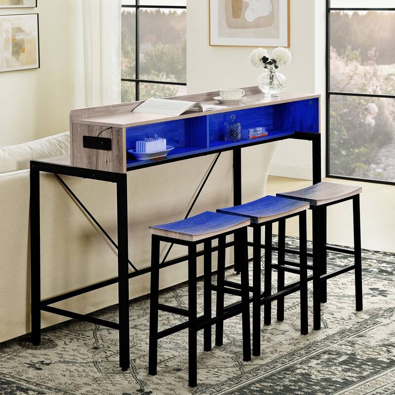 59 inch bar table, dining table, sofa table with power socket and LED light, 3 saddle stools, 4-piece bar table and chai
