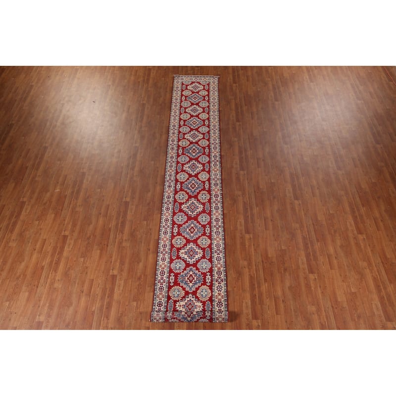 Red Traditional Kazak Oriental Runner Rug Hand-Knotted Wool Carpet - 2'7" x 16'2"