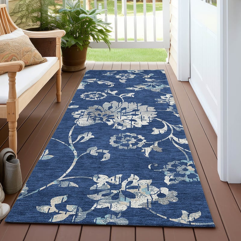Machine Washable Indoor/ Outdoor Chantille Modern Floral Rug - Navy - 2'3" x 7'6"