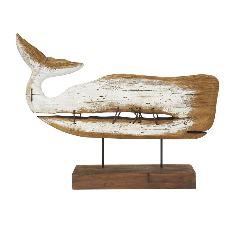 Wood Whale Handmade Decorative Sculpture with Painted White Accents and Metal Details - Brown - Roche River Decor