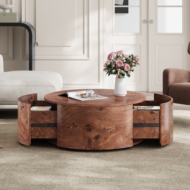 28.4" Burl Wood Rotating Coffee Table with 2 Drawers - 360° Swivel Top in Walnut Finish