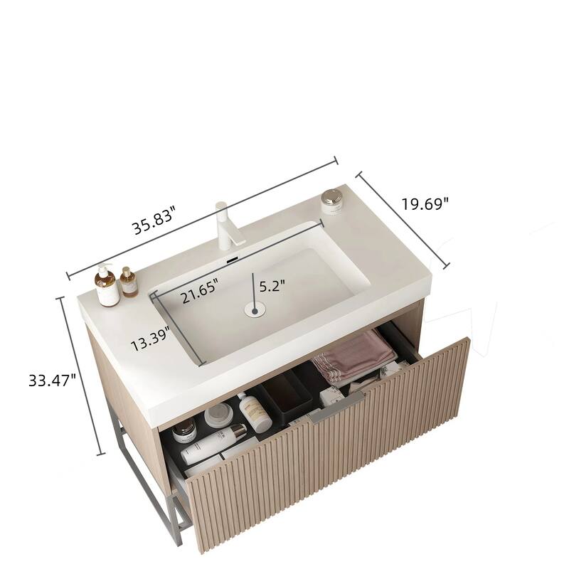 36" Freestanding Bathroom Vanity with Drawers and Open Shelves