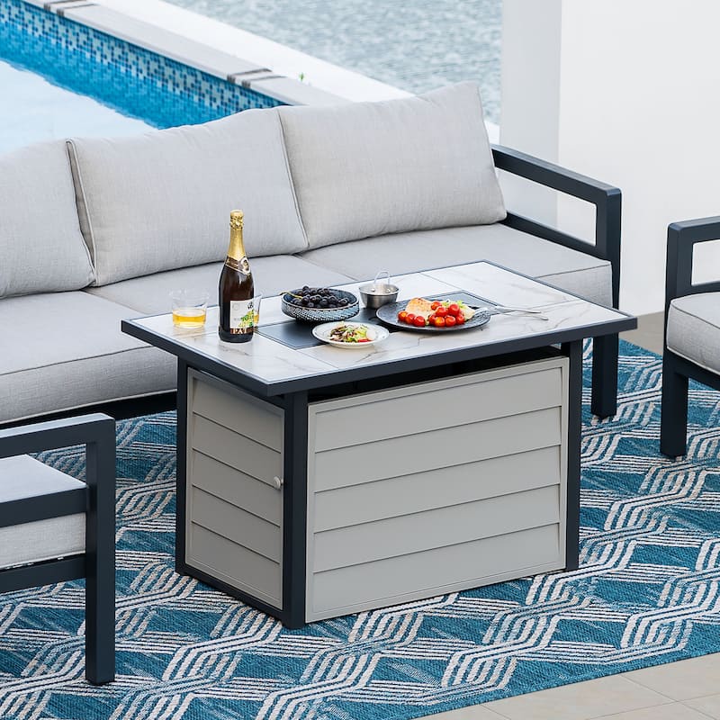 43'' Outdoor Propane Gas Fire Pit Table with Marble Texture Glass Tabletop, Ivory White