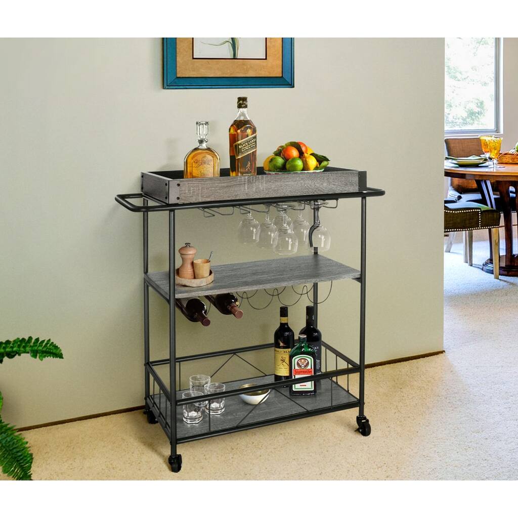 Zenvida Bar Cart Mobile Kitchen Serving Cart Tray Portable Rustic Industrial Vintage Metal Rolling Trolley