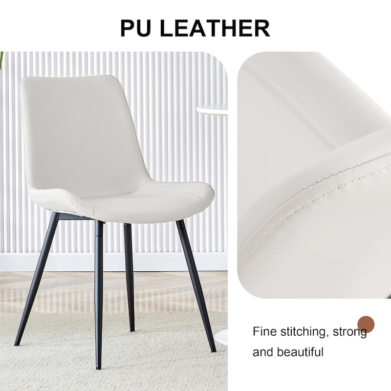 White artificial leather backrest cushion dining chair, black metal legs, curved widened cushion design for more comfort