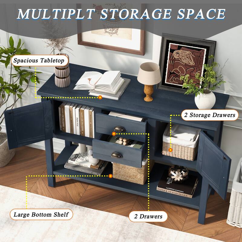 48" Retro Solid Wood Sideboard Console Table with 2 Drawers and Cabinets and Bottom Shelf