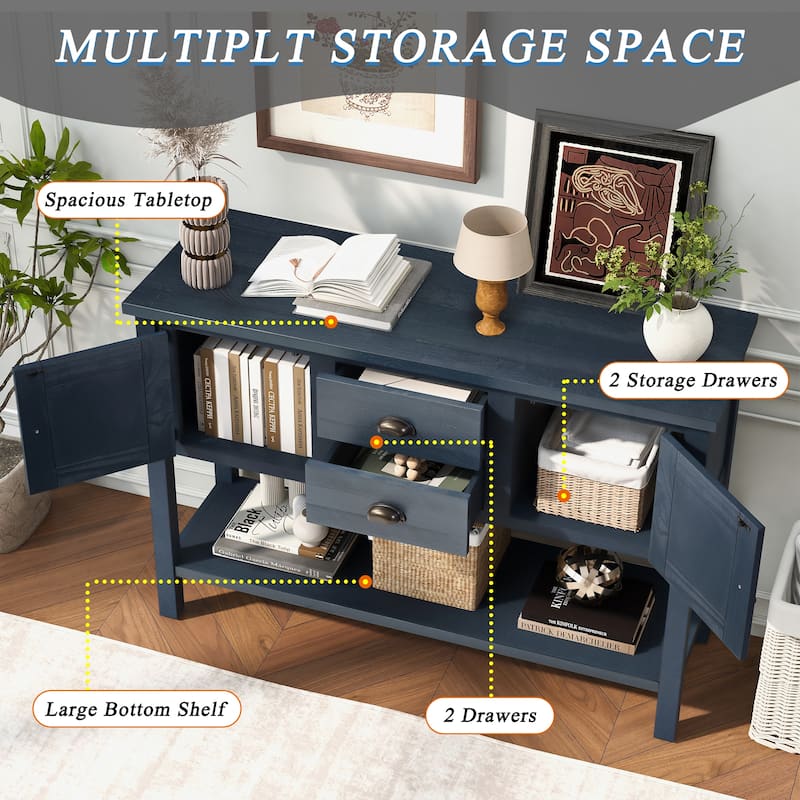 48" Solid Wood Sideboard Console Table with Drawers, Cabinets and Bottom Shelf, Retro Buffet Storage Cabinet