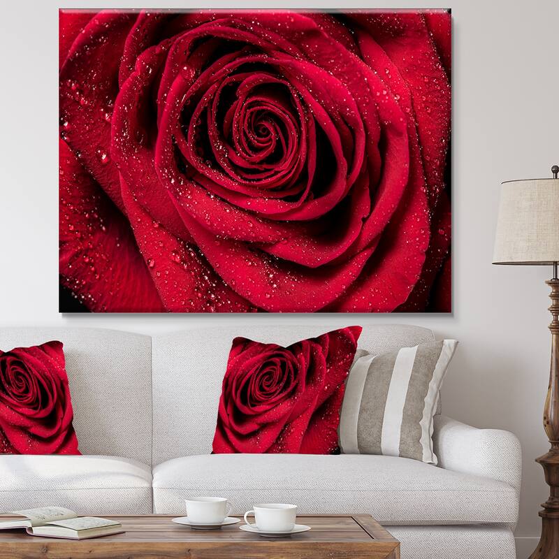 Red Rose Petals with Rain Droplets - Floral Canvas Art Print - 40 in. wide x 30 in. high