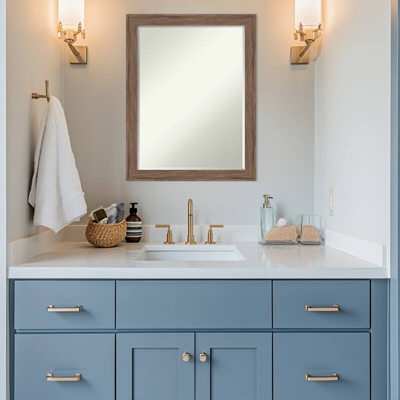 Pia Narrow Half-Inch-Bevel Framed Bathroom Vanity Wall Mirror - Pia Medium Brown Narrow - 21 x 27 in