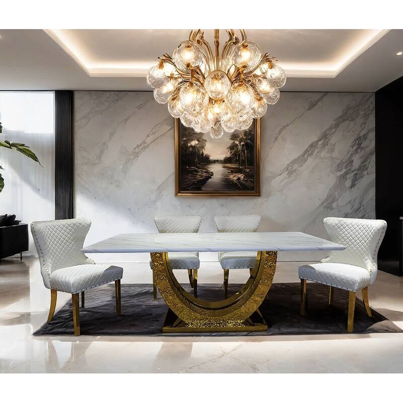 Gold White Finish Dining Set Table and Upholstered Chairs