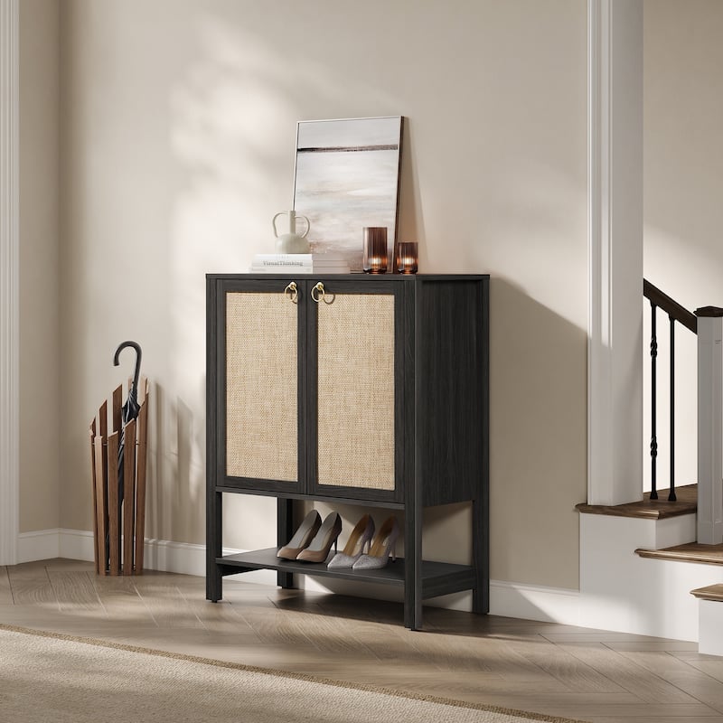 Rattan - Doors Shoes Cabinet with Adjustable Interior