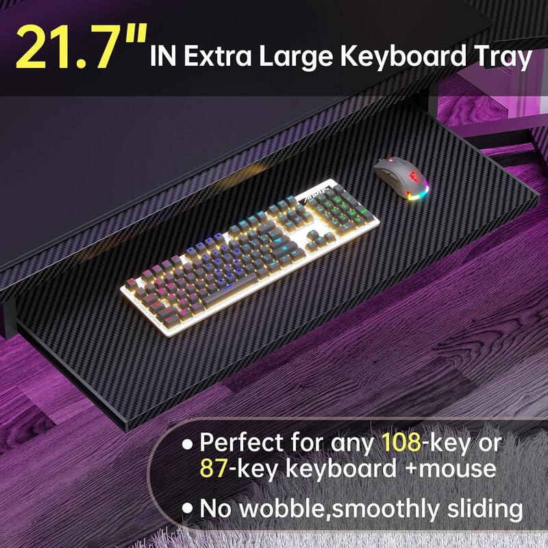 79" L Shape Gaming Desk Computer Desk 2 Fabric Drawers & LED Light