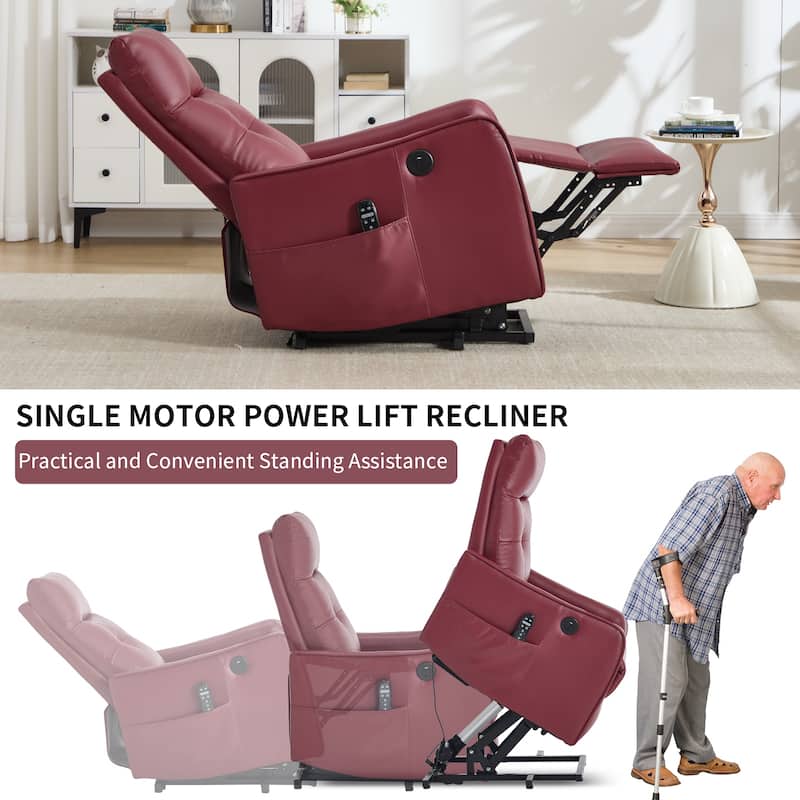 PU Leather Recliner with Single Motor Lift Massage Heat and 155 Degree Recline