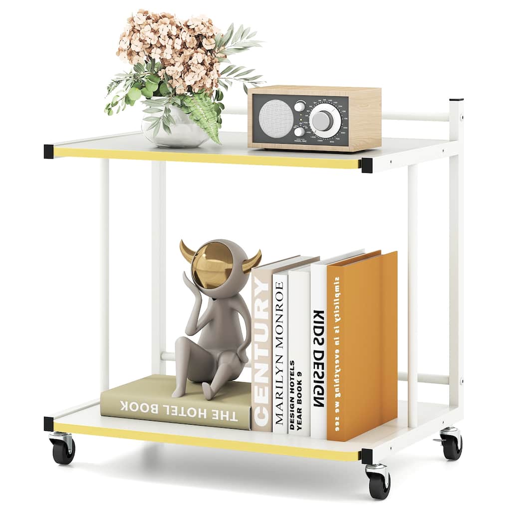 Gymax 2-Tier Mobile Side Table w/Open Shelves Golden Trimmed Edges