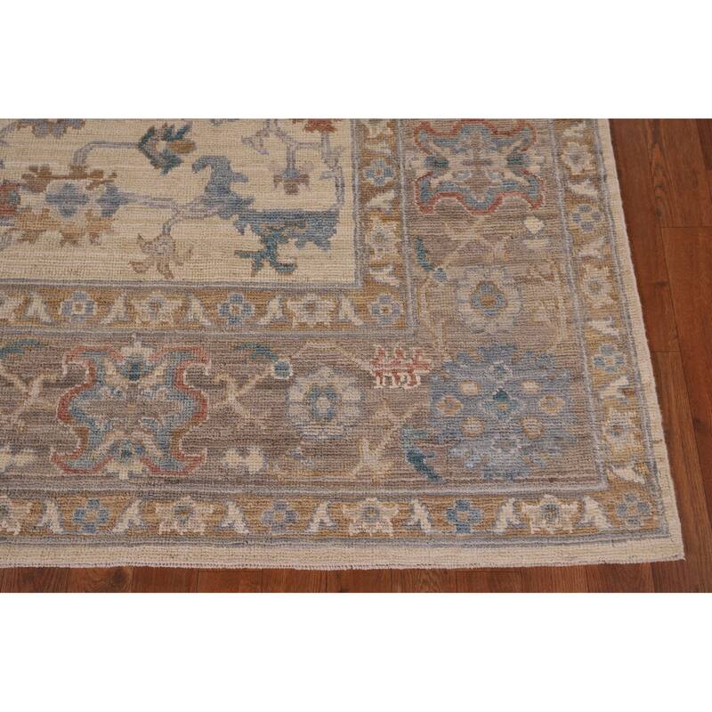 Beige Floral Oushak Vegetable Dye Area Rug Hand-Knotted Wool Carpet - 8'2" x 10'0"