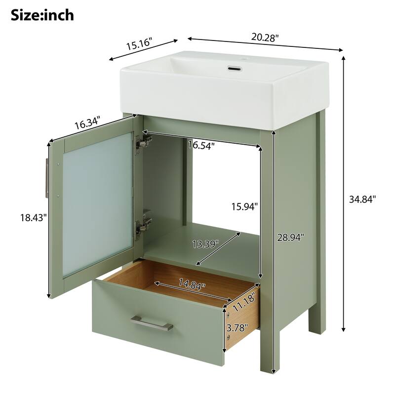 20" Bathroom Vanity with Hazy Glass Door Cabinet and Drawer for Small