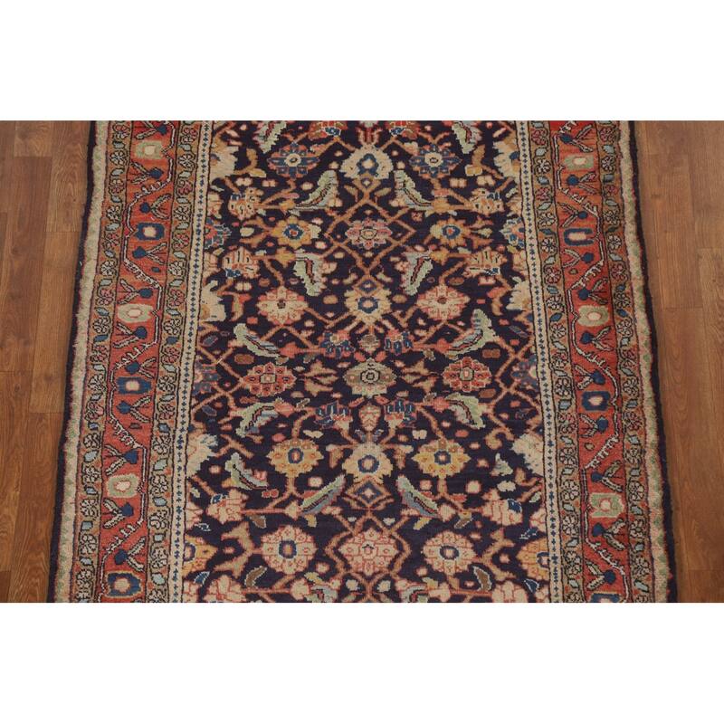 Hand Knotted Oriental 100% Wool Carpet Traditional Geometric Navy Blue & Blues Mahal Runner Rug - 10' 11'' X 3' 11''