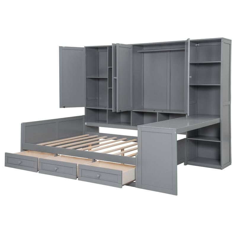Twin/Full Size Daybed with All-in-One Cabinet and 3 Drawers, Wooden Daybed Frame Sofa Bed with Desk and Storage Shelves