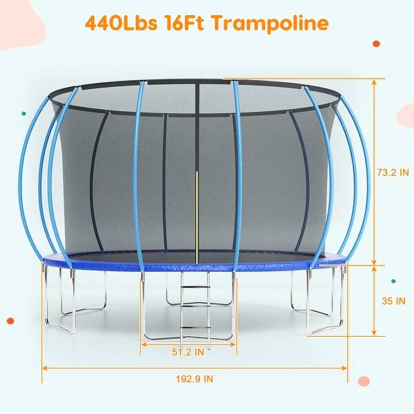 dimension image slide 1 of 2, 16FT Trampoline, Recreational Trampolines with Enclosure Net and Ladder
