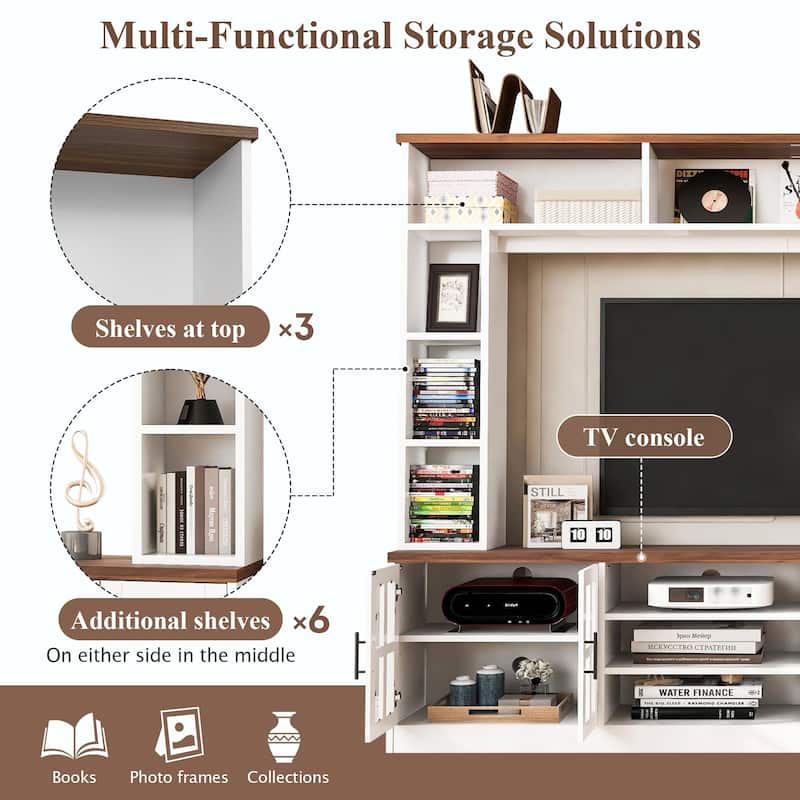 Modern 95.5" Wall Unit TV Stand for TVs up to 80" with Bookshelves, Cabinets, Glass Doors