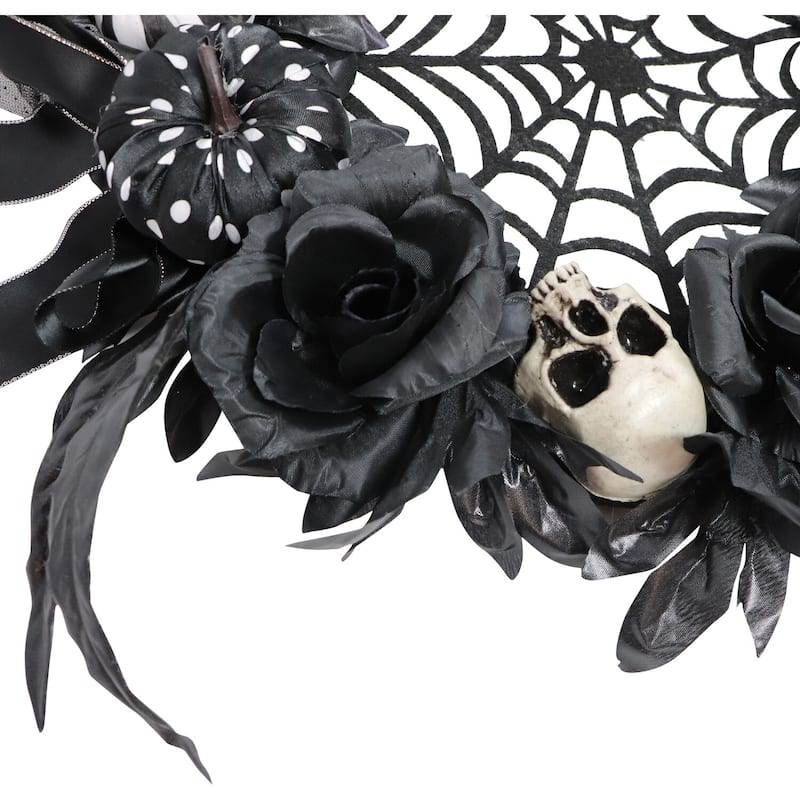 Haunted Hill Farm 15-In. Halloween Black and White Floral Wreath Pumpkins, Skulls, and Spiderweb for Haunted House Decoration