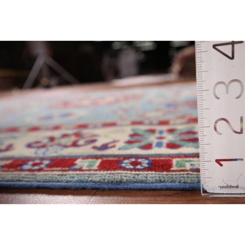 Blue Geometric Kazak Oriental Area Rug Hand-Knotted Wool Carpet - 5'0" x 6'6"