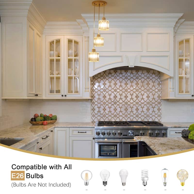 3-Light Modern Metal Hanging Pendant Light Ceiling Light Chandelier with Crystal Cover for Kitchen Island