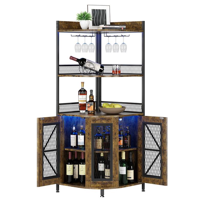 Corner Wine Cabinet, Tall Wine Bar Cabinet w LED Light & Adjustable Shelves