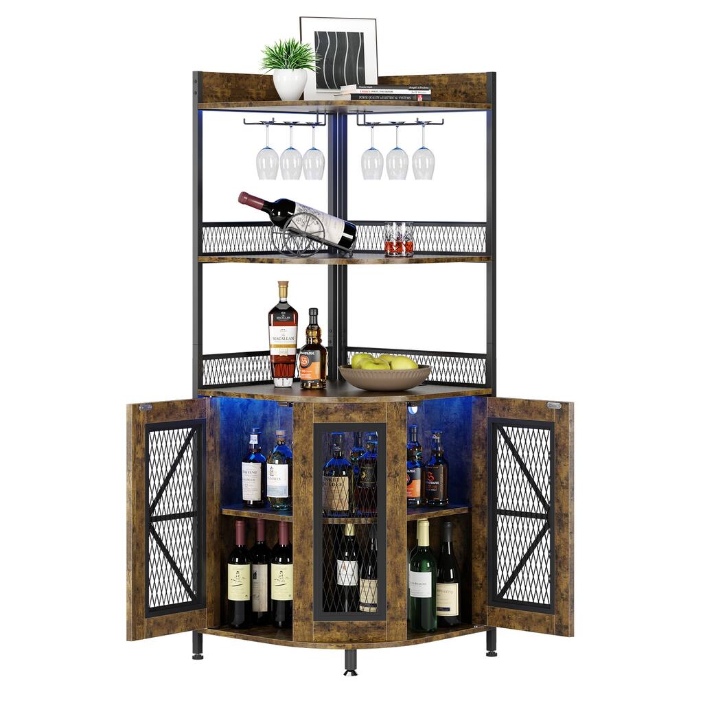 Corner Wine Cabinet, Tall Wine Bar Cabinet w LED Light & Adjustable Shelves