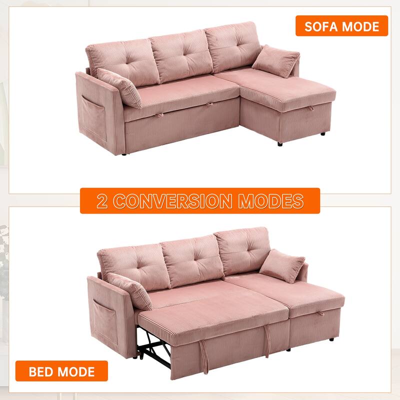 Corduroy/Chenille Upholstered L-Shaped Storage Reversible Chaise Sectional Sofa with Side Pocket