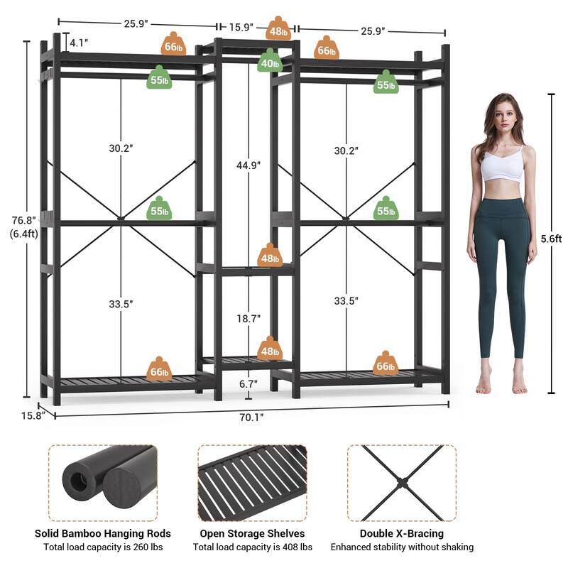 Bamboo Closet System Clothes Rack, Large Freestanding Garment Rack Clothing Rack for Hanging Clothes
