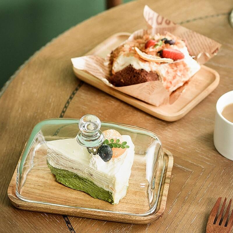 Wooden Butter Dish with Glass Lid, Cheese Rectangle Cake Display Tray - 18x12x10cm