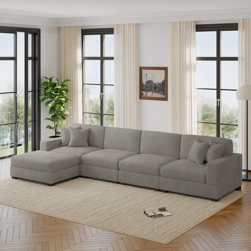 Modern Oversized Chenille Modular Sectional Sofa with Ottoman - Grey-5 Piece