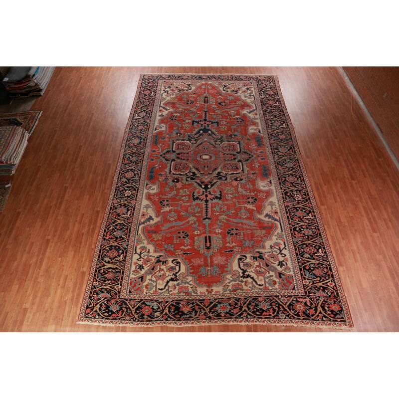 Pre-1900 Antique Vegetable Dye Heriz Serapi Persian Large Wool Carpet - 10'10"x 18'3"