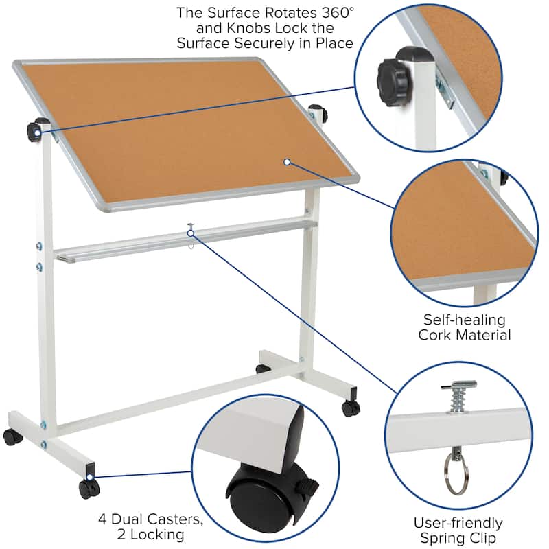 Reversible Mobile Cork Bulletin & White Board with Pen Tray