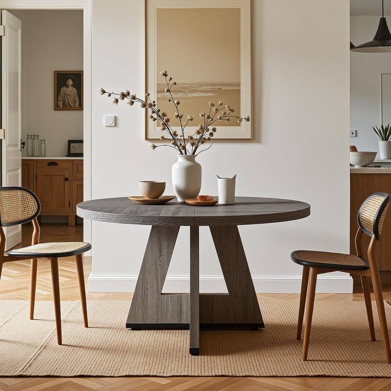 47" Round Dining Table for 4-6 People Rustic Wood Table with Pedestal Base for Kitchen Dining Room Living Room
