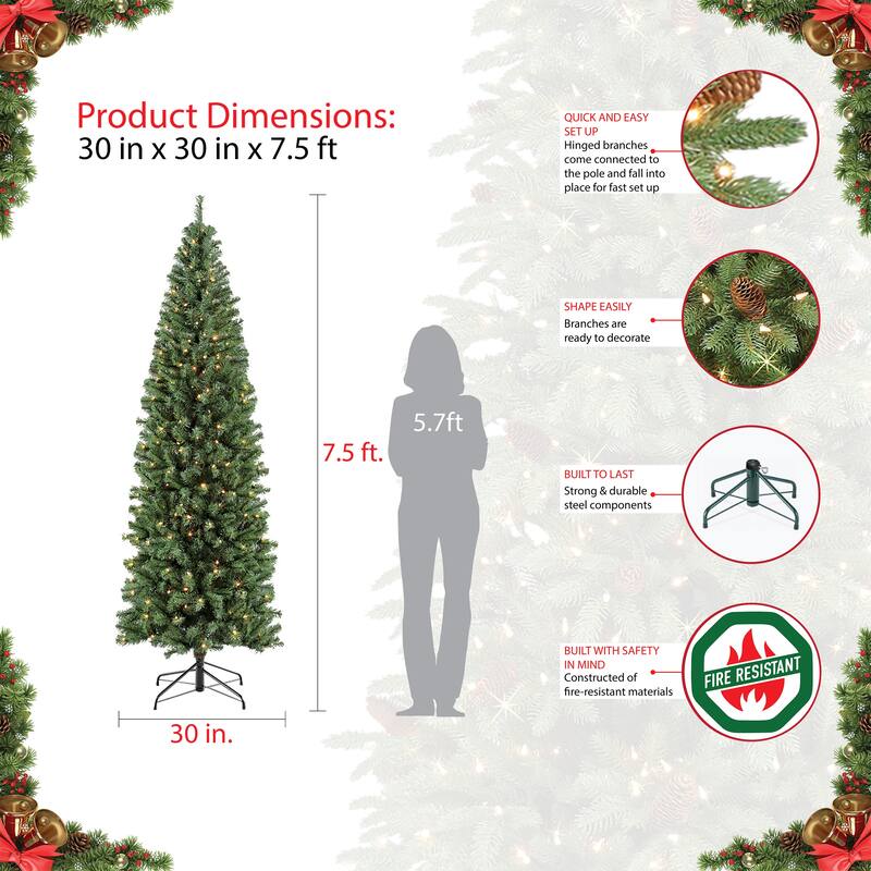 Puleo International 7.5 foot Pre-Lit Northern Fir Pencil Artificial Christmas Tree