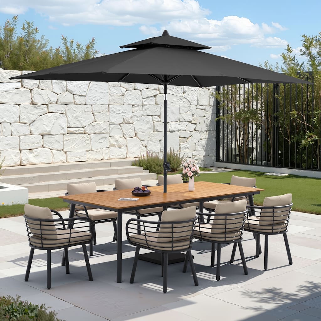 9/11-PieceOutdoor Patio Dining Set with Sunbrella Cushions Aluminum Dining Table and Chairs w/10 ft Umbrella and Base