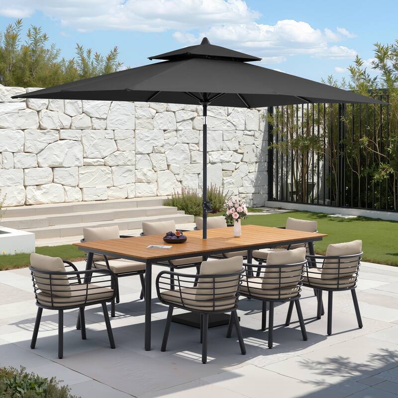 9/11-PieceOutdoor Patio Dining Set with Sunbrella Cushions Aluminum Dining Table and Chairs w/10 ft Umbrella and Base - Set of 11 - Brown Table with Black Umbrella