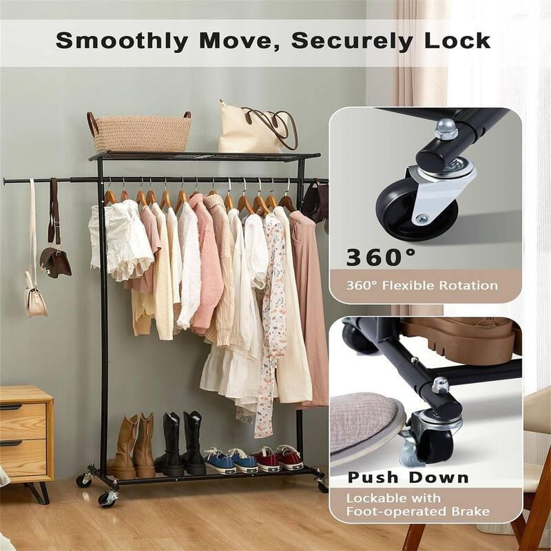Clothes Rack on Wheels with Extra Top Storage Shelf - 18"D x 42.9"W x 67.2"H