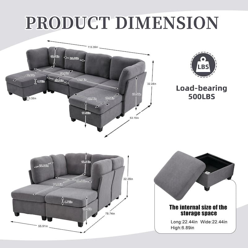 HOMEFUN 6-Seat Polyester Upholstered U-Shaped Modular Storage Sleeper Sectional Sofa with Storage Ottoman